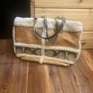 Coach Signature Stripe Shearling Purse in Brown
